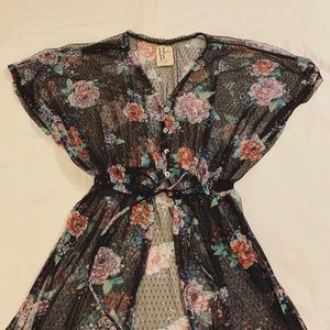 Black Sheer Floral Midi Length Swimsuit Coverup